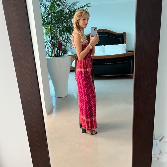 Long Red Jumpsuit Spaghetti Strap V-neck Asian Print Free People by Urban Outfit - Picture 3 of 8